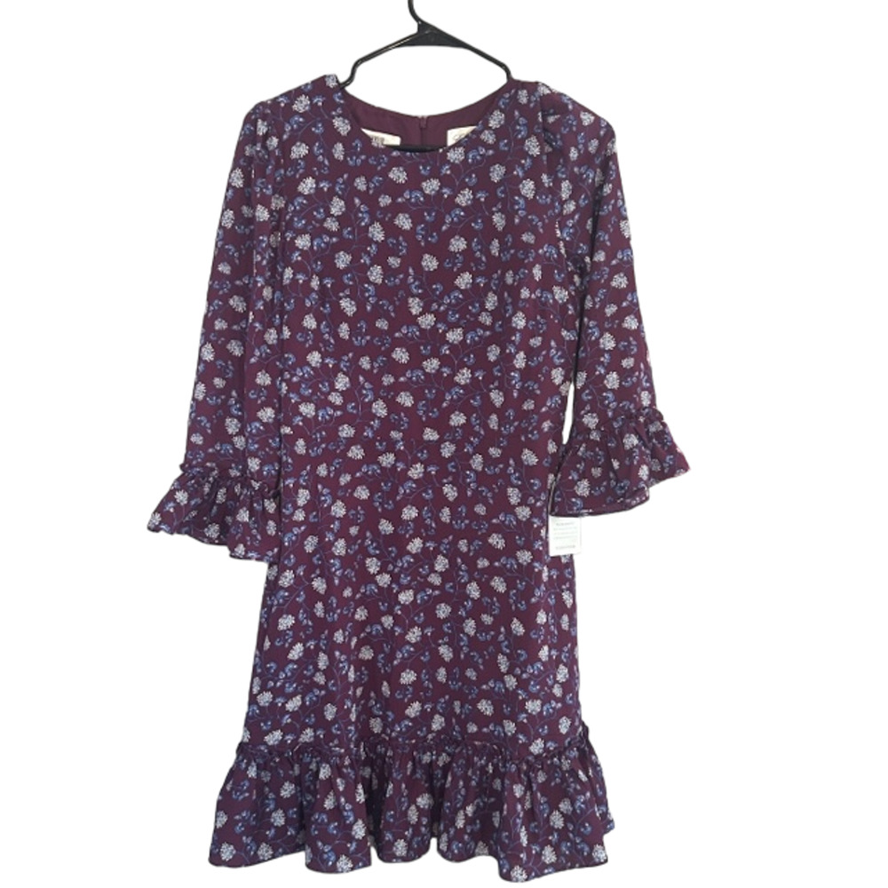 Eliza J Purple Multicolor Floral Jewel Neck A-Line Flounce Dress Women Sz 8
